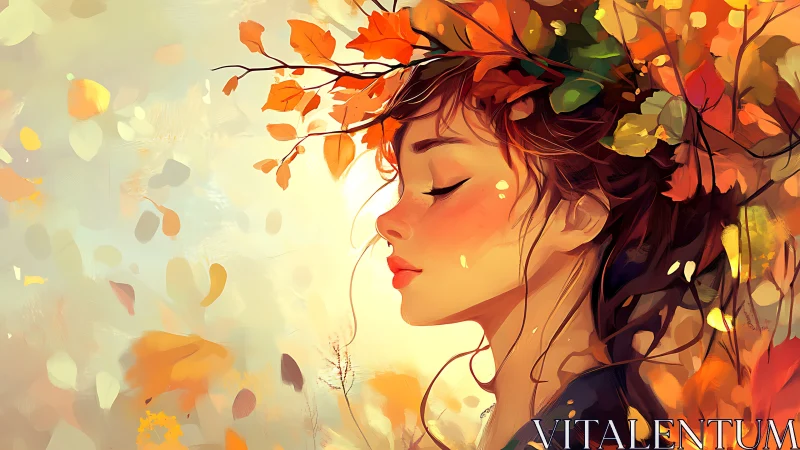 Autumn crowned woman breathes in warm, glowing stillness