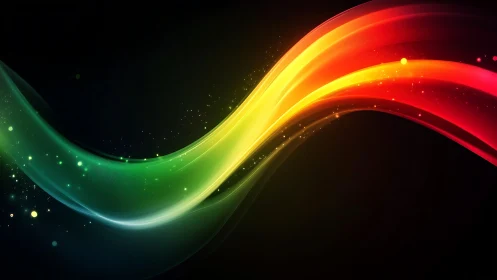 Chromatic light waves arc across deep black negative space