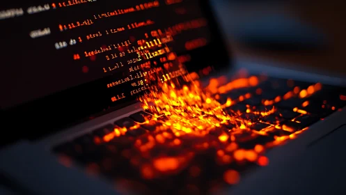 Molten code spills from the laptop keys like digital lava