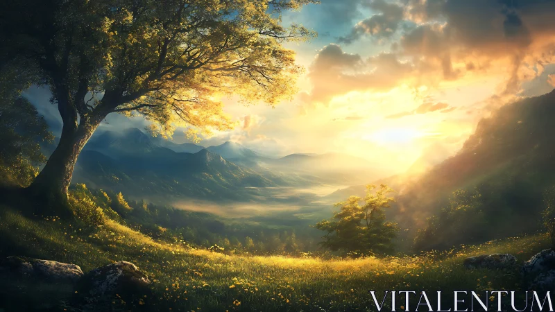 Digital painting landscape with luminous alpine sunrise panorama.