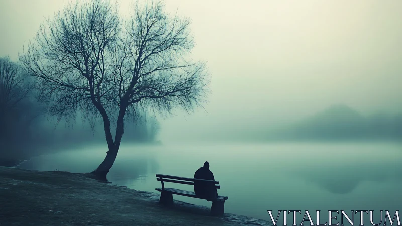 Solitary observer on mist-laden lakeshore in cyan tonal fog.