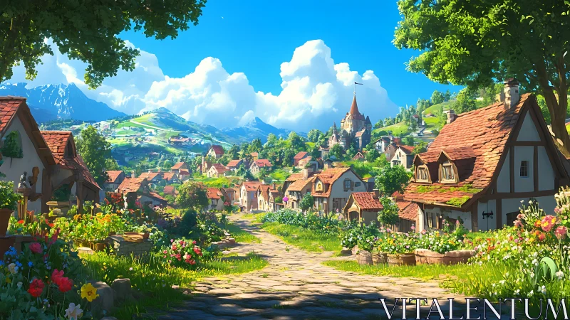 Sunlit alpine village street with stylized floral topology.