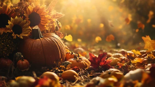 Golden hour pumpkins with sunflowers and drifting leaves.