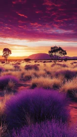 Vibrant desert sunset illuminates purple scrub landscape