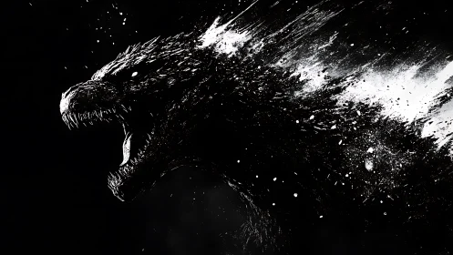 Roaring monster silhouette erupts through splintered starlight