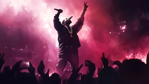 Hip hop performer on stage in pink concert lighting.