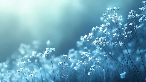Delicate White Baby's Breath Flowers in Soft Blue Bokeh Light.