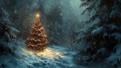 Lit Christmas tree glows in quiet snowy winter forest.