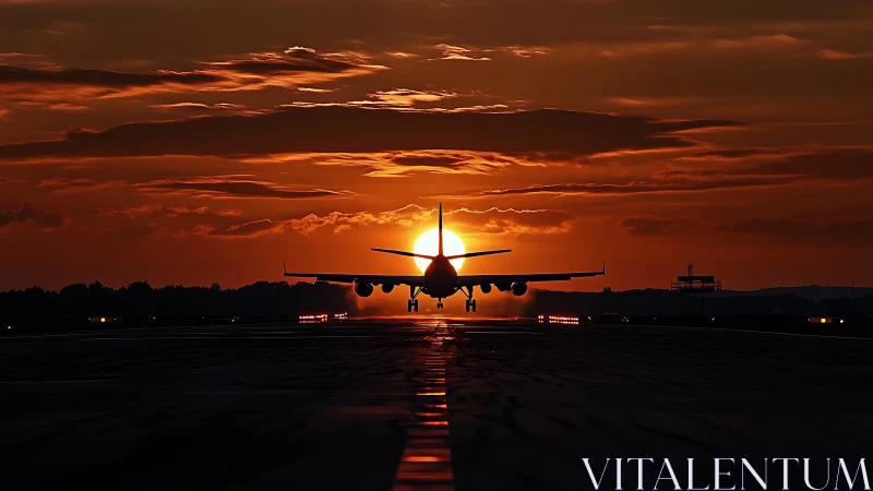 Passenger jet silhouette lands against a blazing sunset sky