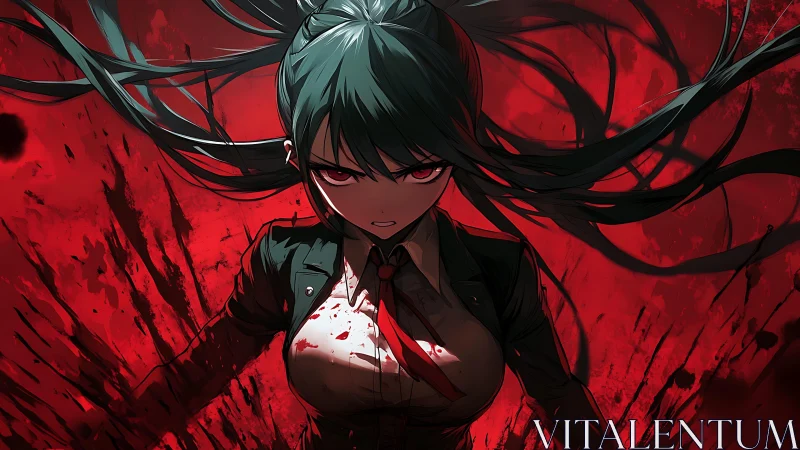 Vengeful midnight heroine carved from storms and scarlet fury.