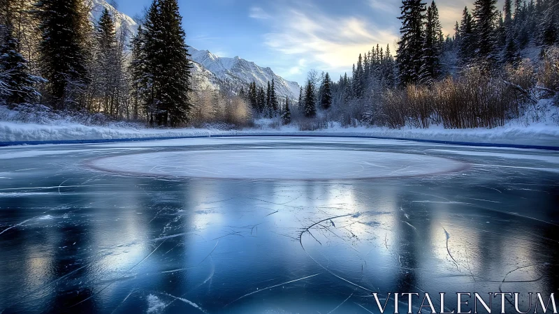 Mirror-ice rink cradled by snowy pines and distant peaks.