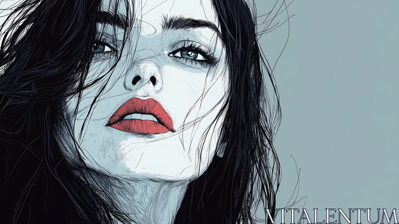 Wind-tossed gaze and red-lipped quiet thunderstorm portrait.