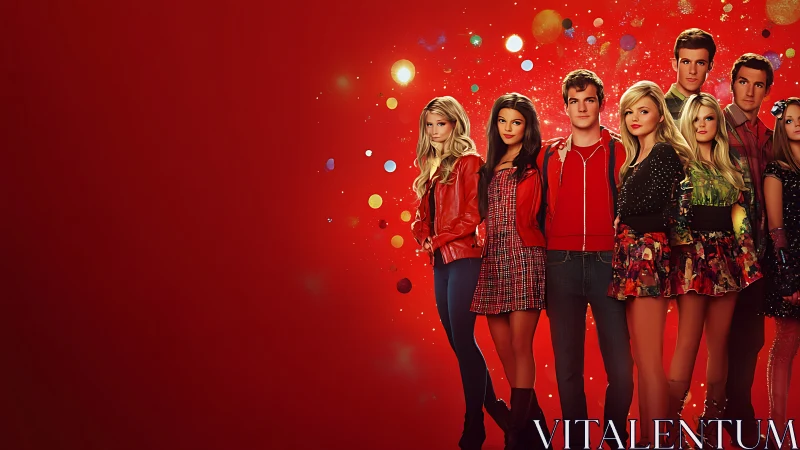 Ensemble of stylized youths on saturated red backdrop stands united