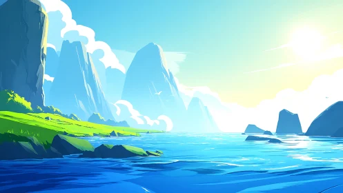 Towering Karst Formations: Luminous Coastal Digital Landscape Rendering