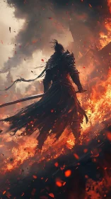 Backlit armored warrior silhouette emerging through intense flames