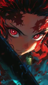 Close-up anime warrior with red eyes and sword focus.