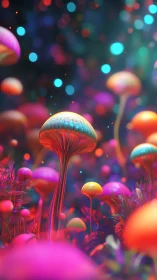 Neon bioluminescent mushrooms rise in a saturated digital forest
