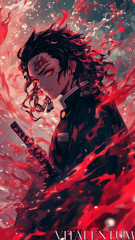 Sword-wielding anime warrior channels dynamic crimson energy