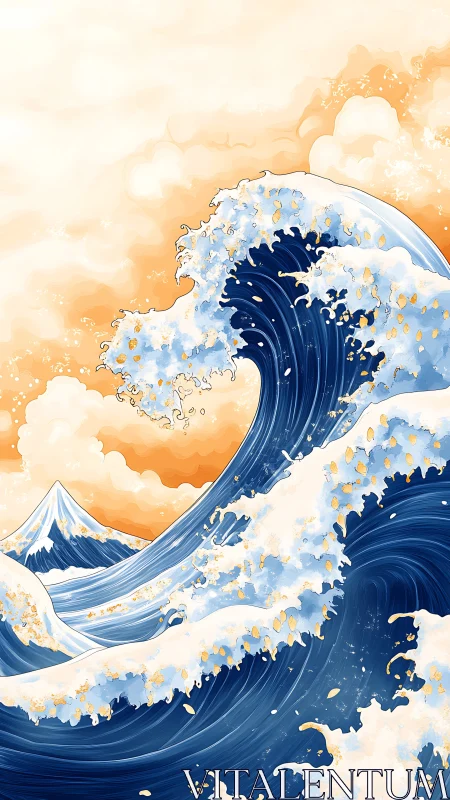 Golden dusk wave curls before distant snow peak.