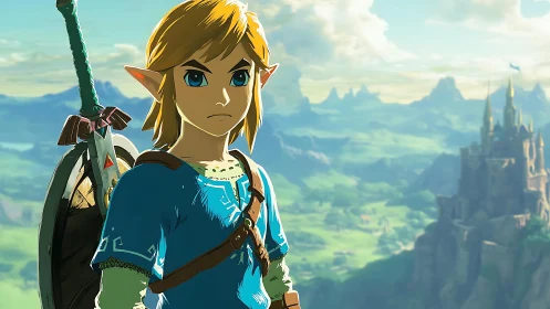 Heroic elf warrior over lush fantasy kingdom landscape.