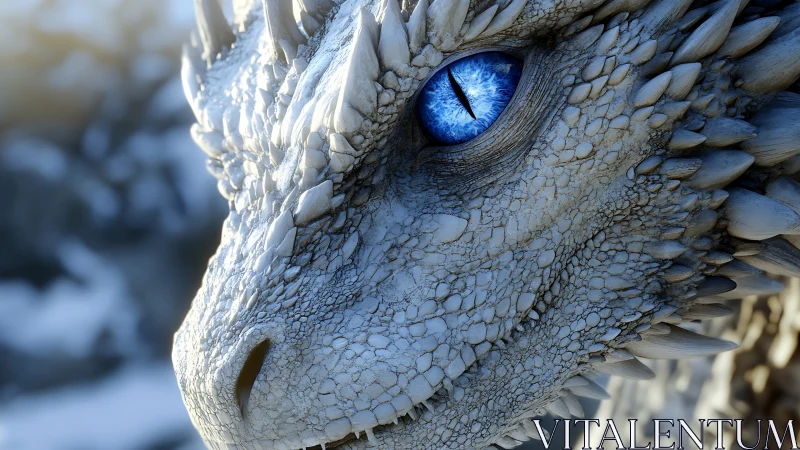 Close-up render of white scaled dragon head with blue eye.