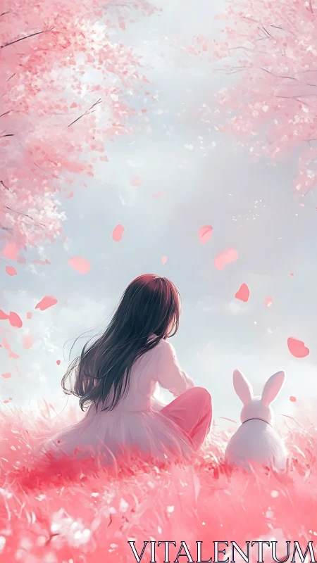 Girl and white rabbit in ethereal pink blossom meadow.