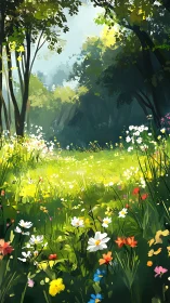 Sunlit wildflower meadow opens into a tranquil forest glade