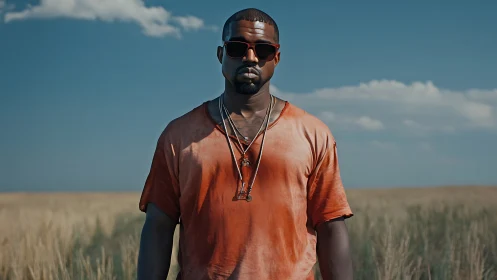 Man in sunglasses standing in open rural field under sky.