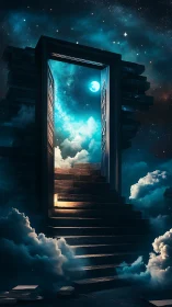 Stairway of moonlit clouds through a cosmic story door.