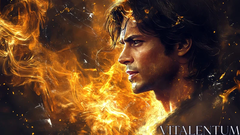 Fiery male portrait immersed in swirling golden flames.