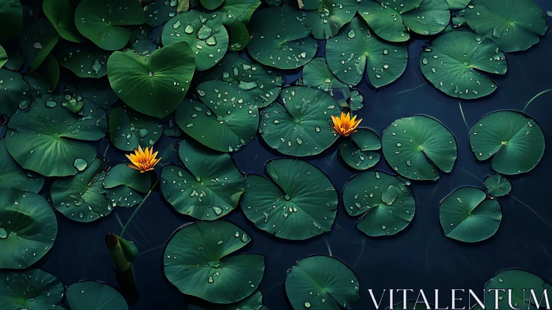 Twin amber lotuses among deep emerald lily pads at dusk.