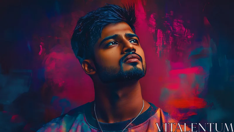 Neon-lit digital portrait isolates contemplative male gaze sharply.