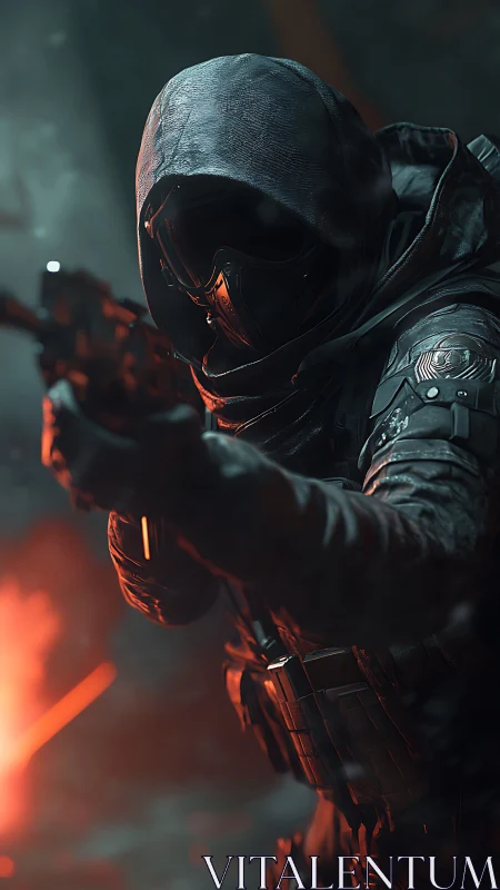 Hooded futuristic soldier steps forward through glowing embers