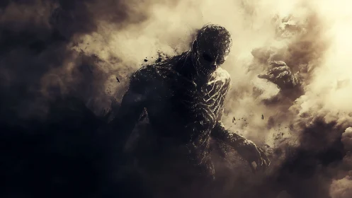 Shadow entity emerges through fractured smoke in high-contrast digital art