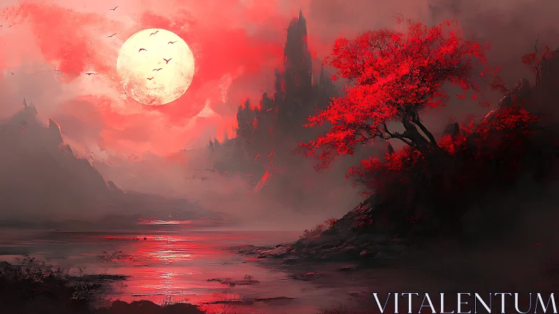 Bloodmoon river glows beneath crimson dreamtree and spires.
