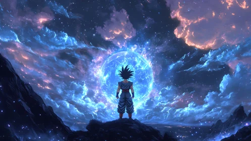 Starry warrior gazing into a glowing cosmic horizon.