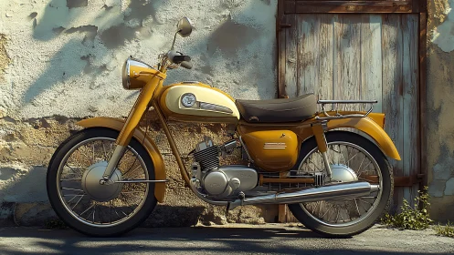 Sunlit vintage scooter rests by timeworn plaster wall.