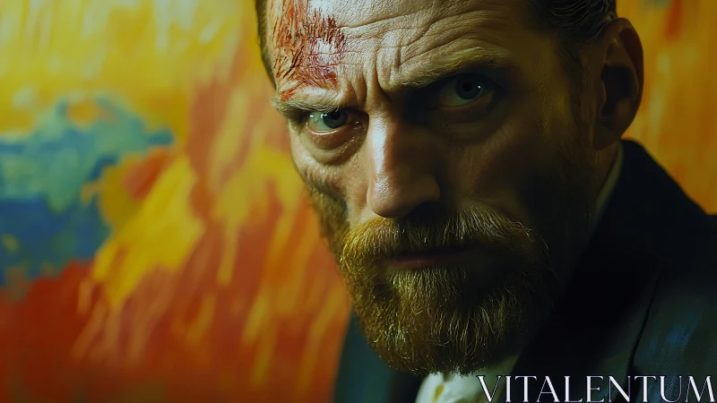 Intense bearded painter before blazing abstract canvas background