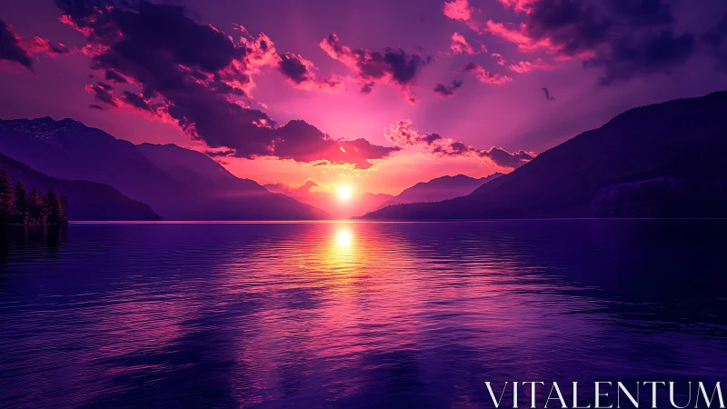 Vibrant magenta sunset over calm mountain lake horizon.