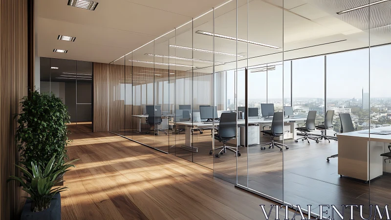 Parametric glass-partition office with panoramic city horizon.
