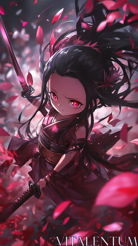 Chibi samurai girl with red eyes amid falling petals.