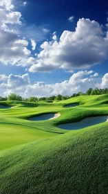 Undulating golf course landscape shows bunkers under clouded sky