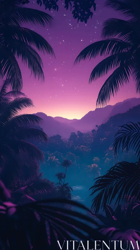Neon twilight jungle with layered palm silhouettes in gradient sky.