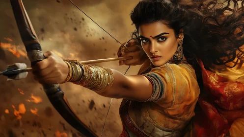 Warrior archer in ornate sari draws bow amid fiery smoke