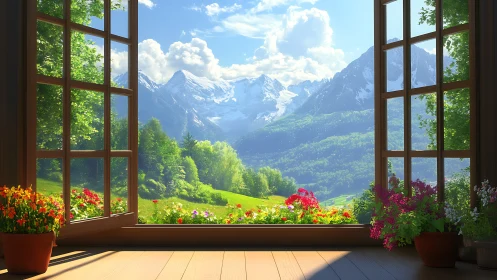 Open window frames bright alpine valley with flower pots