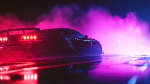 Neon drenched street racer prowling through electric fog.