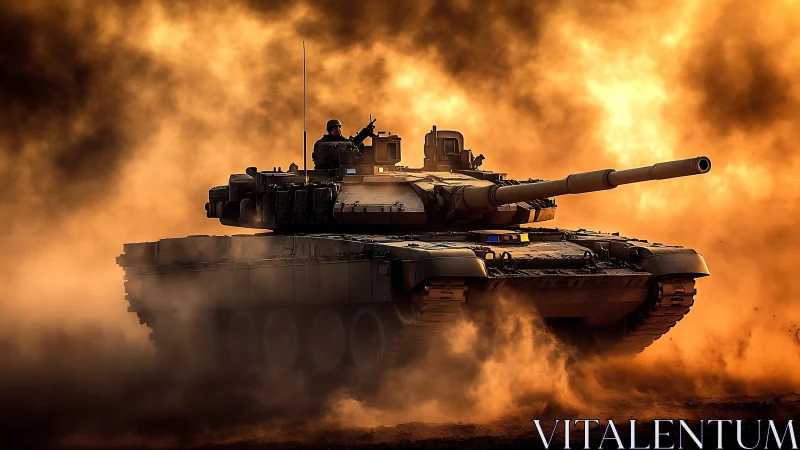 Blazing sunset glow surrounds a powerful modern battle tank