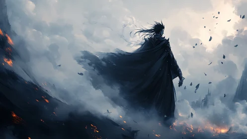 Lone dark wanderer gazing into a stormlit fantasy sky.