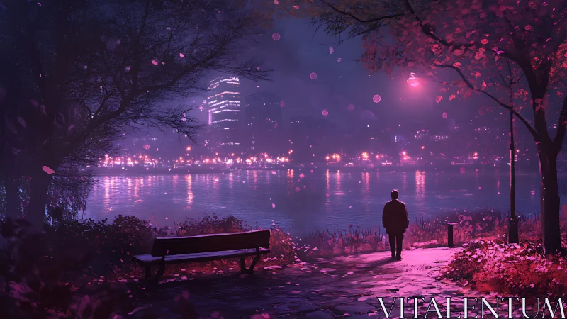 Solitary figure beside neon river under violet city glow.