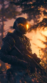 Sunlit sentinel in armor watching the forest edge at dusk.